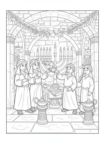 Macabeus acendendo a menorá, página de colorir de Hanukkah para crianças da Escola Dominical de 5 a 12 anos.