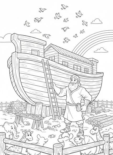 Noah baut die Arche, Freundlichkeit Ausmalbild für Kinder im Alter von 5-10 Jahren