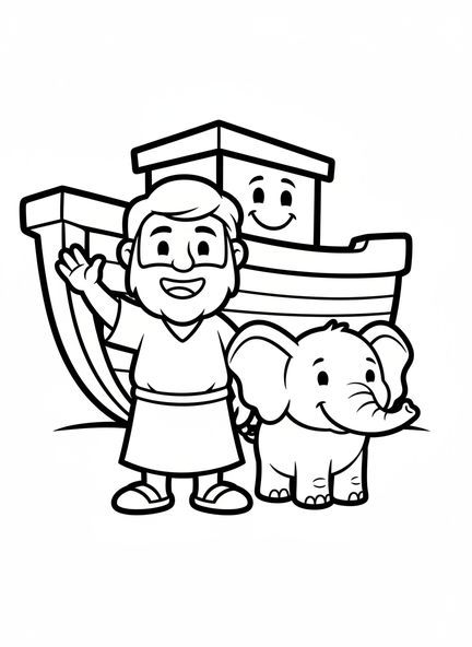 Noé sorridente com a arca, página para colorir sobre bondade para crianças de 3 a 5 anos.