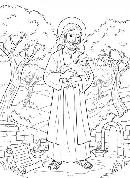 Jesus hält ein Lamm, Ausmalbild für die Sonntagsschule für Kinder im Alter von 5-12 Jahren.
