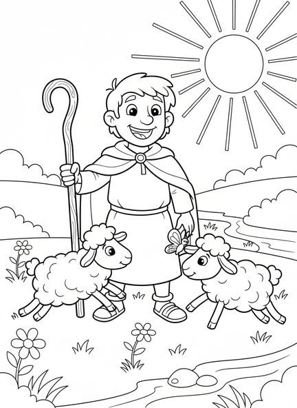 Freundlicher Hirte, Ausmalbild Hirte mit Schafen für Kinder im Alter von 5-10 Jahren.