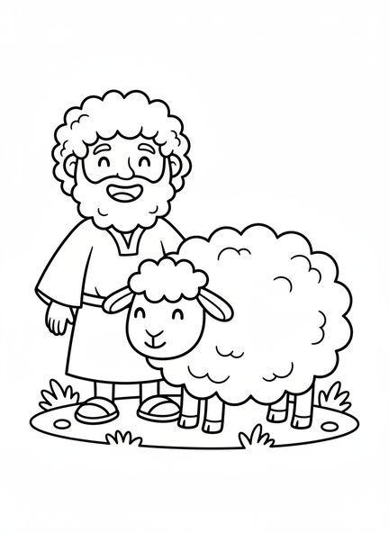 Lächelnder Hirte, Ausmalbild Hirte mit Schafen für Vorschulkinder im Alter von 3-5 Jahren