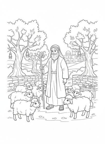 Hirte mit Schafen, Ausmalbild Hirte mit Schafen für Sonntagsschulkinder im Alter von 5-12 Jahren.