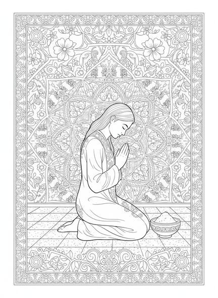 Personne à genoux en prière, page à colorier pour le Mercredi des Cendres dans un style de journal biblique pour adultes.