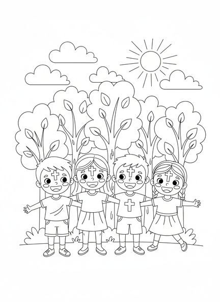 Groupe d'enfants avec des croix de cendres, page à colorier pour le Mercredi des Cendres pour les enfants de 5 à 10 ans.