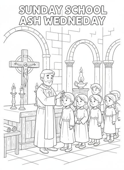 Enfants recevant des cendres, page à colorier pour l'École du dimanche destinée aux enfants de 5 à 12 ans.