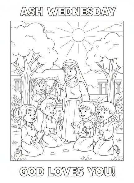 Groupe d'enfants heureux, page à colorier de la croix de cendres sur le front pour les enfants de l'École du dimanche âgés de 5 à 12 ans.