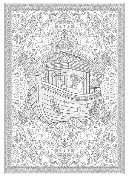 Noé construisant l'arche, page à colorier pour adultes dans le style du journal biblique.