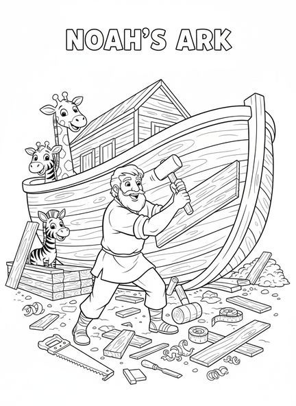 Noé en train de frapper, page à colorier de la Rose de Noël pour les enfants de 5 à 10 ans