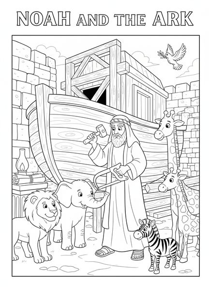 Noah, der Planken hämmern, religiöse Ausmalbild für die Sonntagsschule für Kinder im Alter von 5-12 Jahren