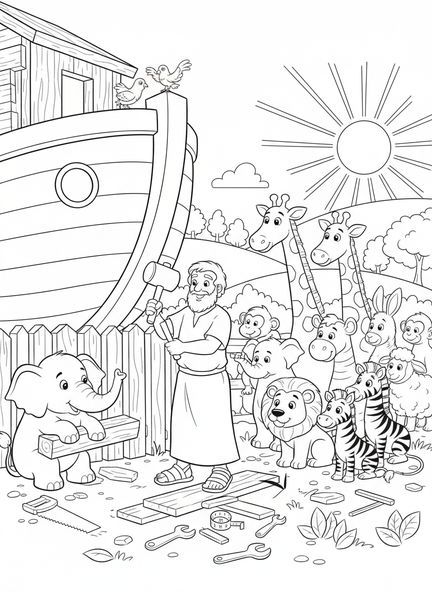 Noah baut die Arche, Printable Bible Coloring Malvorlage für Kinder im Alter von 5-10 Jahren