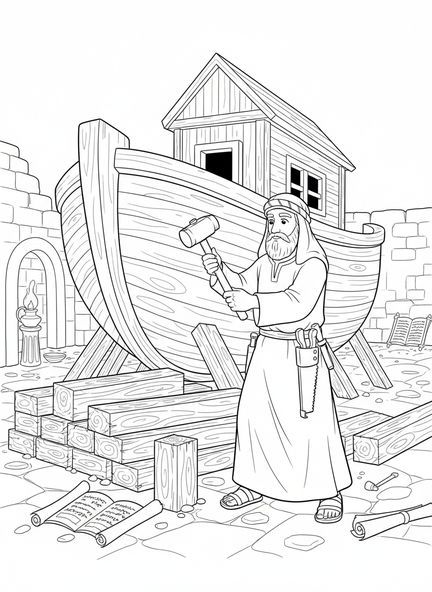 Noah baut die Arche, Printable Bible Coloring Seite für Sonntagsschule Kinder im Alter von 5-12 Jahren.