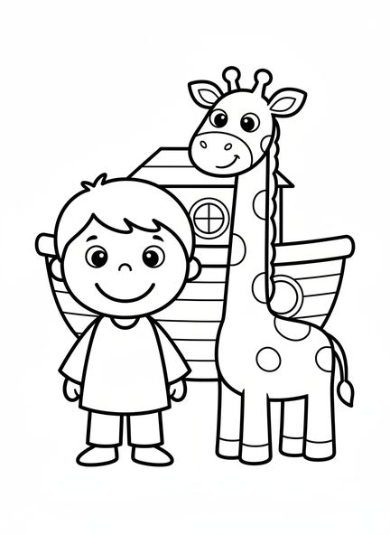 Noé com girafa, página de colorir com o tema Ame uns aos Outros para crianças de 3 a 5 anos