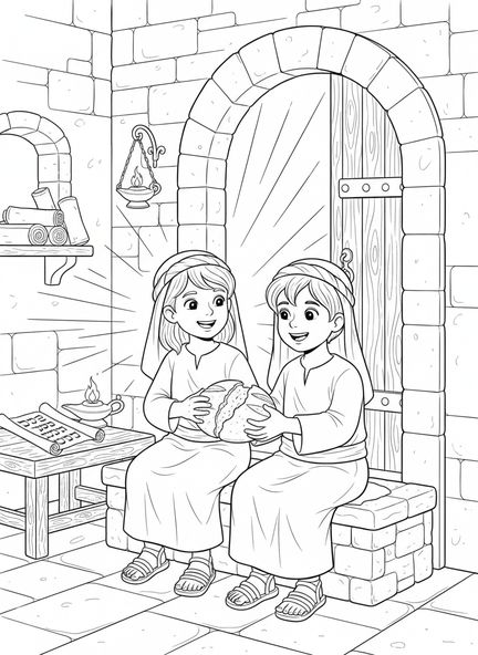 Duas crianças compartilhando pão, página de colorir com o tema Amar uns aos Outros para crianças da Escola Dominical de 5 a 12 anos.