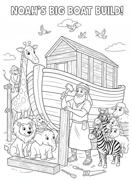 Noah baut die Arche, Bibel Mandala Ausmalbild für Kinder im Alter von 5-10 Jahren