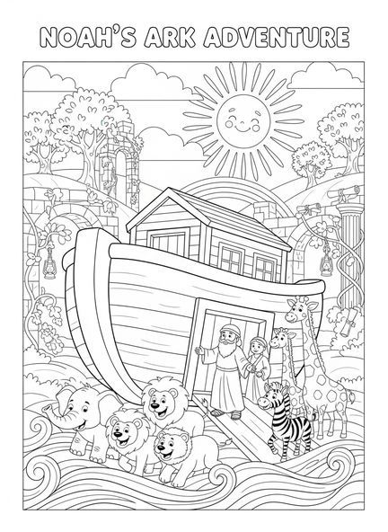 Paare von Cartoon-Tieren, die die Arche betreten, Mandala Ausmalbild für Sonntagsschulkinder im Alter von 5-12 Jahren