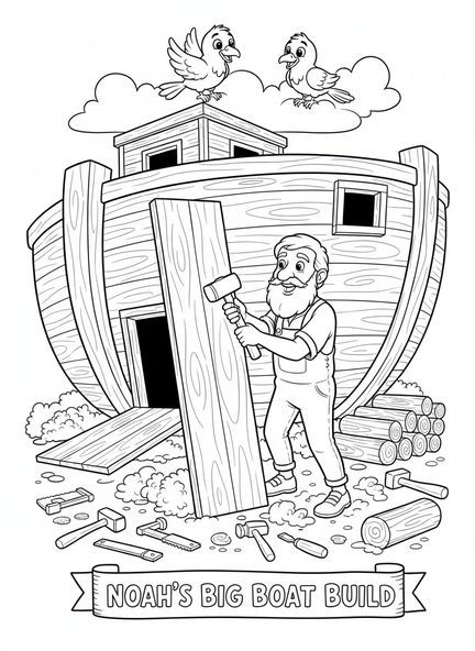 Noah baut die Arche, Christliches Mandala Ausmalbild für Kinder im Alter von 5-10 Jahren