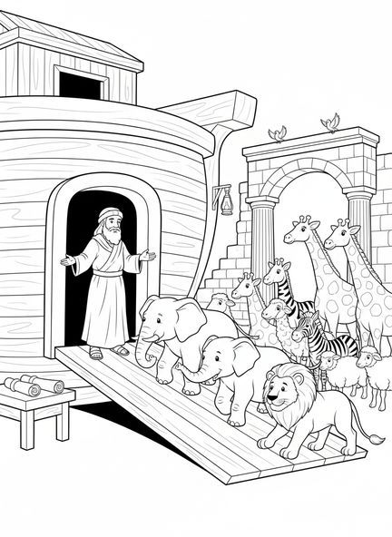 Tierpaare steigen ein, Christliches Mandala Ausmalbild für Sonntagsschulkinder im Alter von 5-12 Jahren