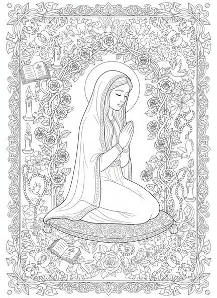 Fatima na modlitwie, kolorowanka Fatimy dla dorosłych w stylu dziennika biblijnego
