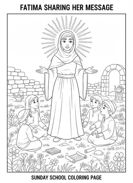 Fatima dzieli się przesłaniem, kolorowanka o Fatimie dla dzieci w katechezie w wieku 5-12 lat