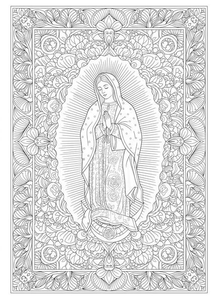 Virgen de Guadalupe, página para colorear de Guadalupe estilo journaling bíblico para adultos.