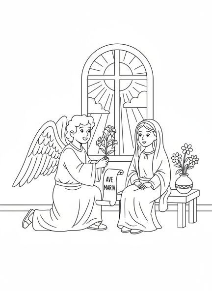 Der Engel Gabriel, Verkündigung an Maria Malvorlage für Kinder im Alter von 5-10 Jahren
