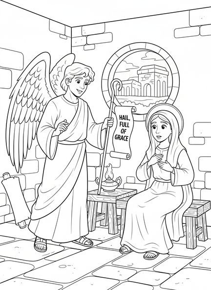 Engel Gabriel, Verkündigung an Maria Malvorlage für Sonntagsschulkinder im Alter von 5-12 Jahren.
