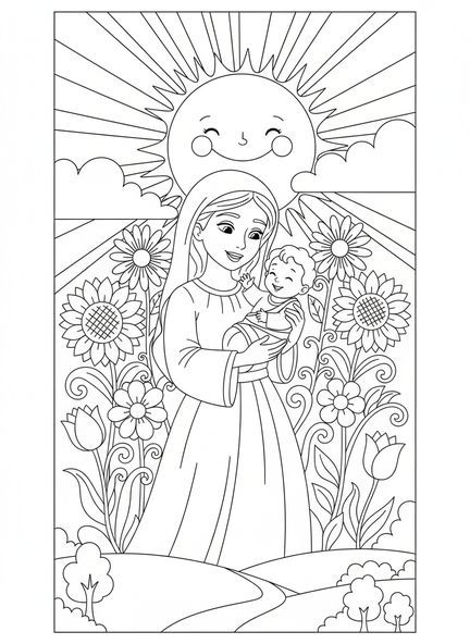 Maria mit dem Jesuskind, Ausmalbild vom Unbefleckten Herzen Mariens für Kinder im Alter von 5-10 Jahren