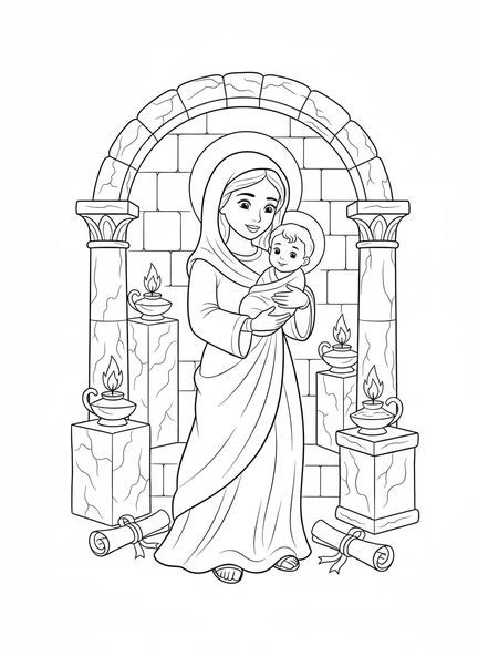 Maria mit dem Baby Jesus, Ausmalbild vom Unbefleckten Herzen Mariens für Kinder in der Sonntagsschule im Alter von 5-12 Jahren.