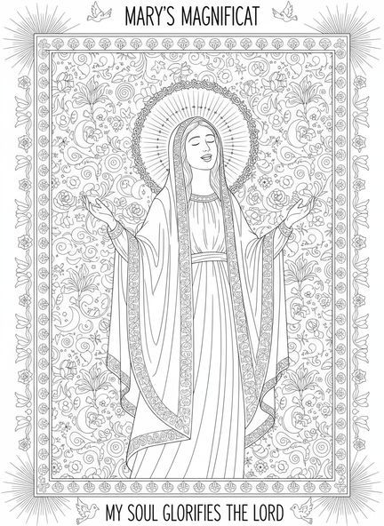 María cantando, página para colorear del Magnificat estilo journaling bíblico para adultos.