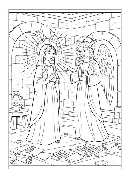 María hablando con el ángel Gabriel, página para colorear del Magnificat para niños de la Escuela Dominical de 5 a 12 años.