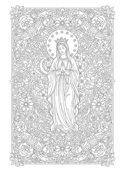 Maria mit Sternen gekrönt, Malvorlage für Erwachsene im Bibel-Journaling-Stil, Maria Königin des Himmels.