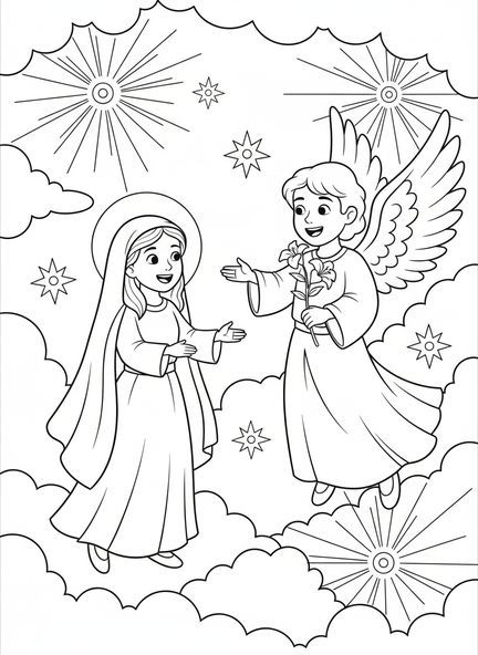 Maria und der Engel, Ausmalbild der Maria Königin des Himmels für Kinder im Alter von 5-10 Jahren.