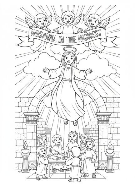 Drei Engel und Maria, Malvorlage für die Sonntagsschule für Kinder im Alter von 5-12 Jahren.