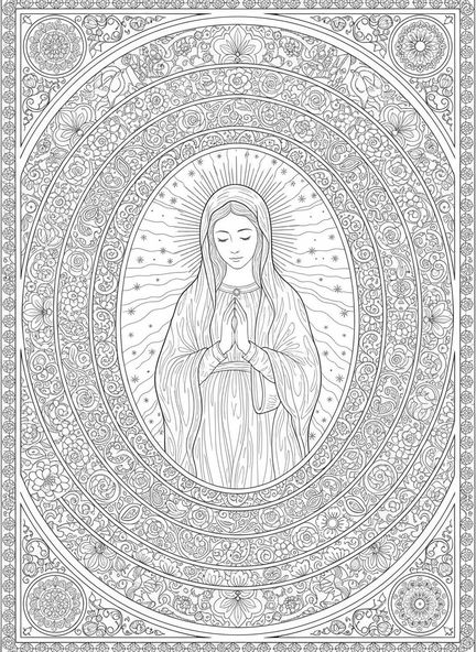 Apparition de la Vierge Marie, page à colorier de la Médaille Miraculeuse pour le style de journal biblique pour adultes.