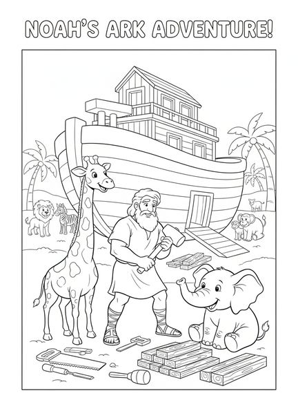 Noé construisant l'arche, page à colorier de la Médaille Miraculeuse pour les enfants de 5 à 10 ans.