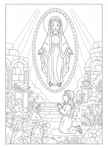 Die Jungfrau Maria in einem Garten, Ausmalbild der Wundertätigen Medaille für Kinder im Religionsunterricht im Alter von 5-12 Jahren.