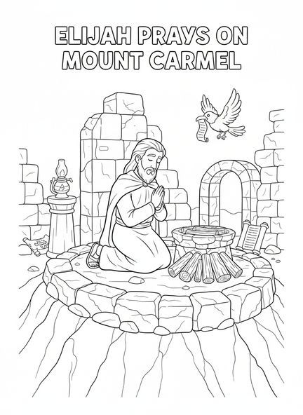 Elías orando, página para colorear de Nuestra Señora del Monte Carmelo para niños de la Escuela Dominical de 5 a 12 años