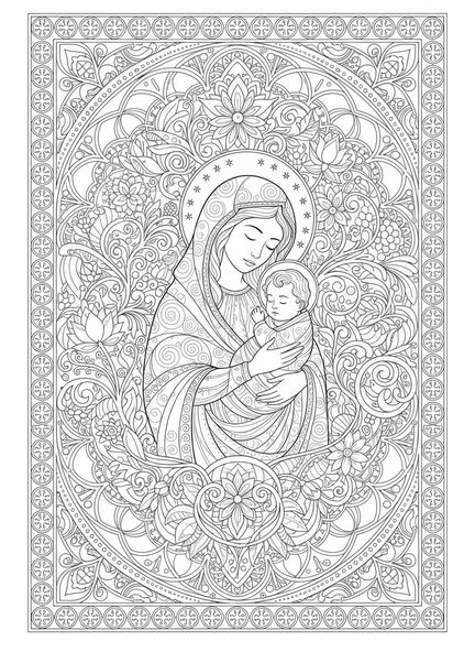 Marie tenant Jésus, page à colorier de Notre-Dame du Perpétuel Secours pour adultes dans un style de journal biblique.