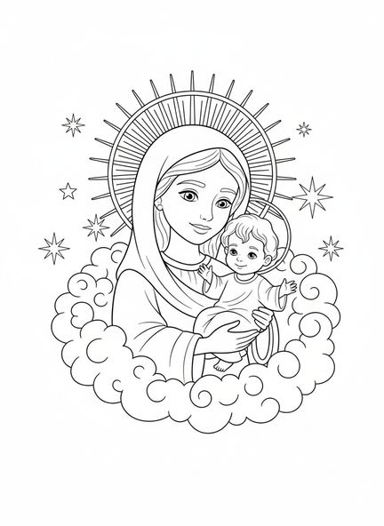Maria mit dem Baby Jesus, Ausmalbild der Unbefleckten Empfängnis für Kinder im Alter von 5-10 Jahren.
