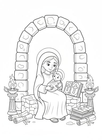 Maria hält das Jesuskind, Ausmalbild von Unsere Liebe Frau von der immerwährenden Hilfe für Kinder in der Sonntagsschule im Alter von 5-12 Jahren