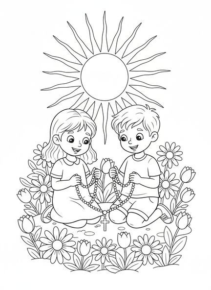 Zwei Kinder beten, Ausmalbild der Rosenkranz für Kinder im Alter von 5-10 Jahren