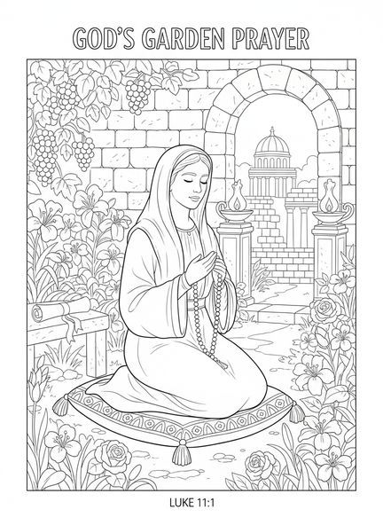 Frau, die mit Rosenkranz betet, Ausmalbild von Unsere Liebe Frau Rosenkranz für Religionsunterricht Kinder im Alter von 5-12 Jahren