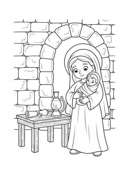 María sosteniendo a Jesús, página para colorear de Nuestra Señora de los Dolores para niños de Escuela Dominical de 5 a 12 años