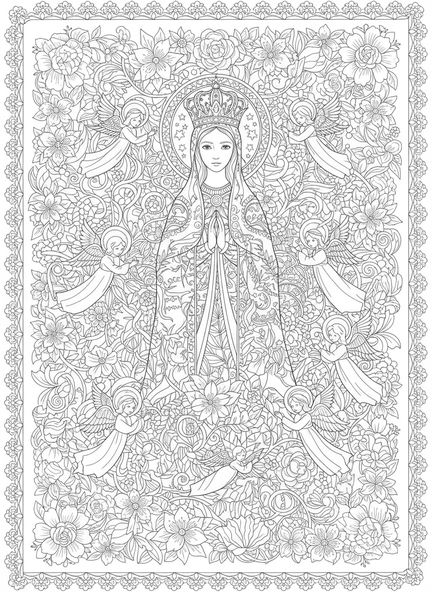María coronada con ángeles, página para colorear de la Realeza de María para adultos en estilo de journaling bíblico