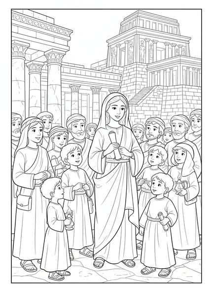 Maria mit einer Schriftrolle, Ausmalbild zur Königin Maria für Kinder im Religionsunterricht im Alter von 5-12 Jahren