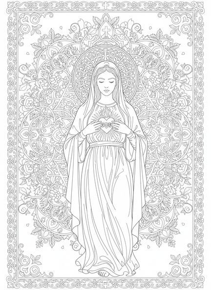 Figura del Sagrado Corazón de María, página para colorear del Sagrado Corazón de María para adultos en estilo de journaling bíblico.