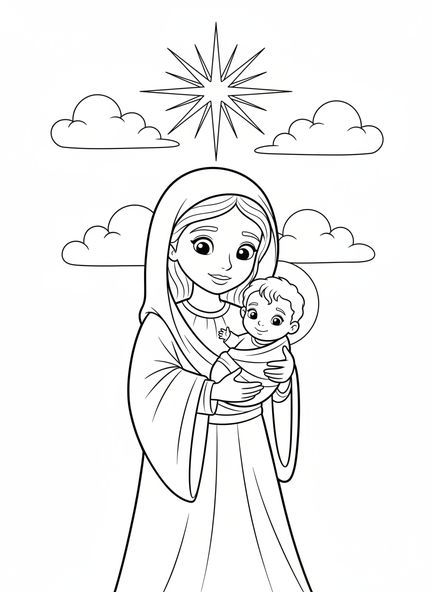 Marie tenant l'enfant Jésus, page à colorier du Sacré-Cœur pour les enfants de 5 à 10 ans