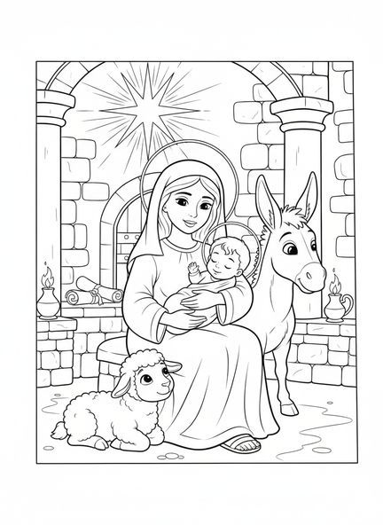 Marie tenant l'enfant Jésus, page à colorier du Sacré-Cœur pour les enfants de l'École du dimanche âgés de 5 à 12 ans.