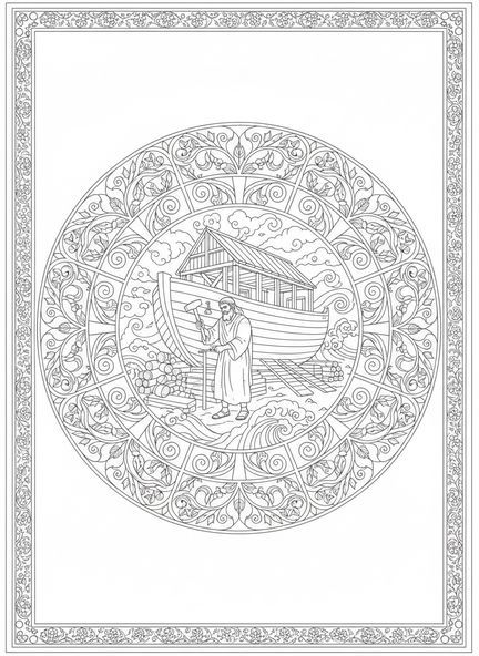 Noah mit Hammer und Arche, Ausmalbild für Erwachsene im Stil des Bibel-Journalings.